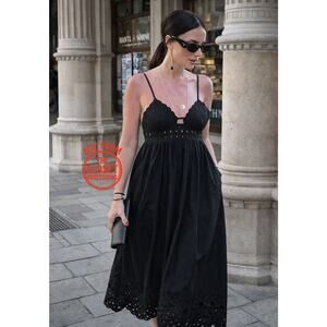 ZARA Black Embroidered Eyelet Midi Dress NWT